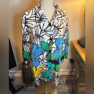 Caroline Rose Floral Button-Up Blouse - Blue, Green, Yellow Medium